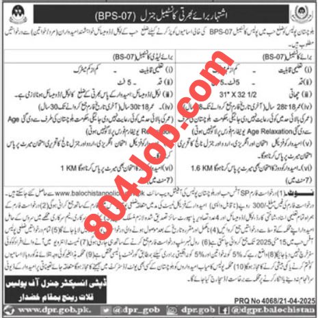 Latest Balochistan police jobs 2025 apply online | Male/Female