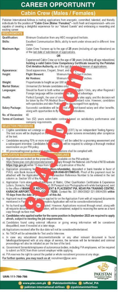 Latest PIA Jobs 2025 Online Apply For Cabin Crew Pakistan International Airlines